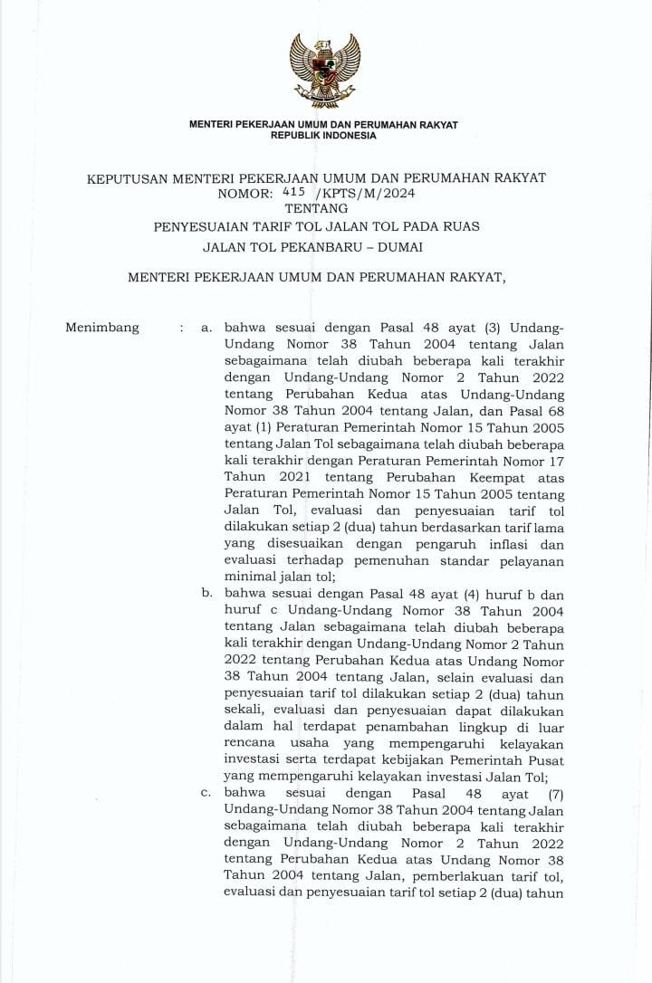 Kementerian Pupr Naikan Tarif Tol Pekanbaru Dumai Mulai Maret