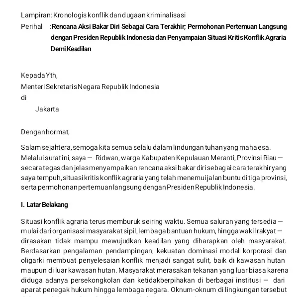 Ancam Aksi Bakar Diri Karena Konflik Agraria Buntu, Warga Meranti Kirim Surat Terbuka ke Presiden Prabowo