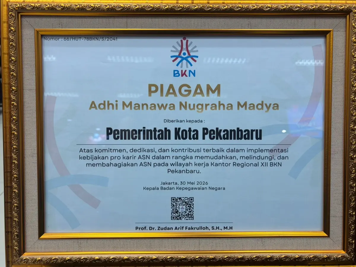 Berhasil Terapkan Managemen ASN, Pemko Pekanbaru Raih Penghargaan dari BKN
