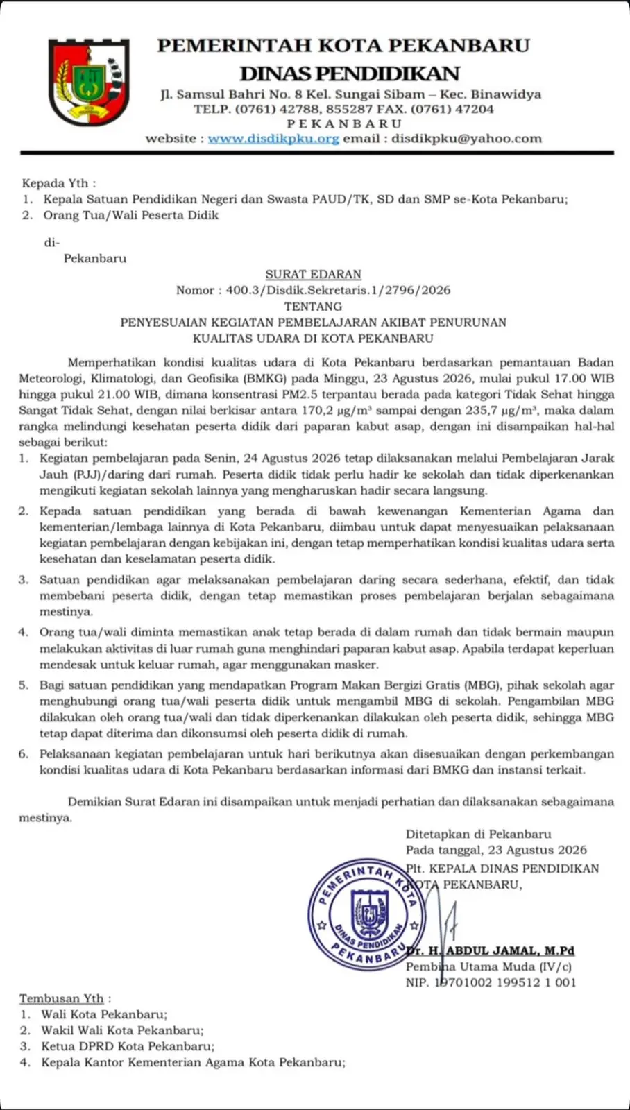 Kabut Asap Makin Parah, Disdik Pekanbaru Liburkan Siswa, Pembelajaran Melalui Daring