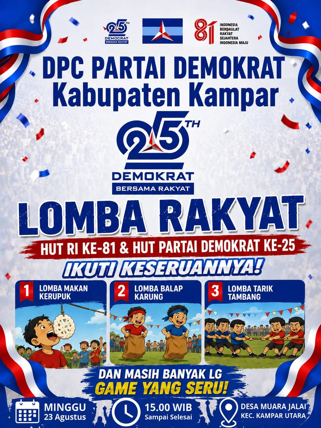 Lomba Rakyat Demokrat Kampar Meriah, Warga Tumpah Ruah Rayakan HUT RI dan 25 Tahun Partai Demokrat