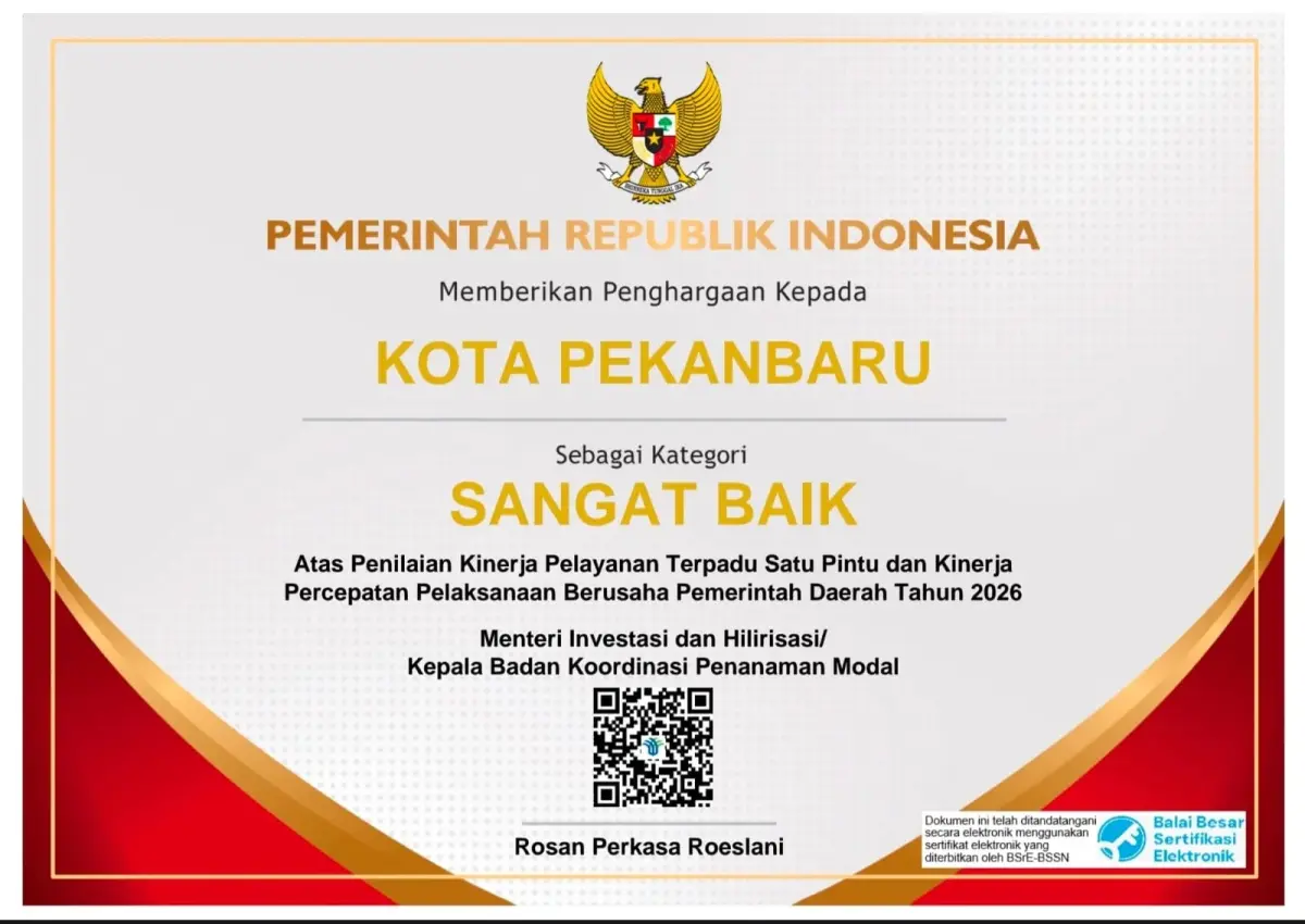 Pemko Pekanbaru Raih Pelayanan Perizinan Terbaik Nasional