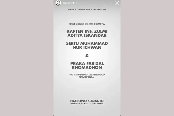 Presiden Prabowo Sampaikan Dukacita Atas Gugurnya 3 Prajurit TNI di Libanon