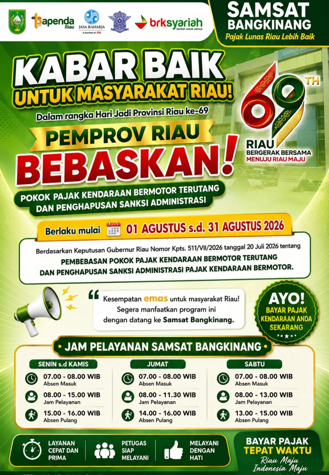 Samsat Bangkinang Tambah Jam Pelayanan Selama Program Pembebasan Pajak Kendaraan Bermotor