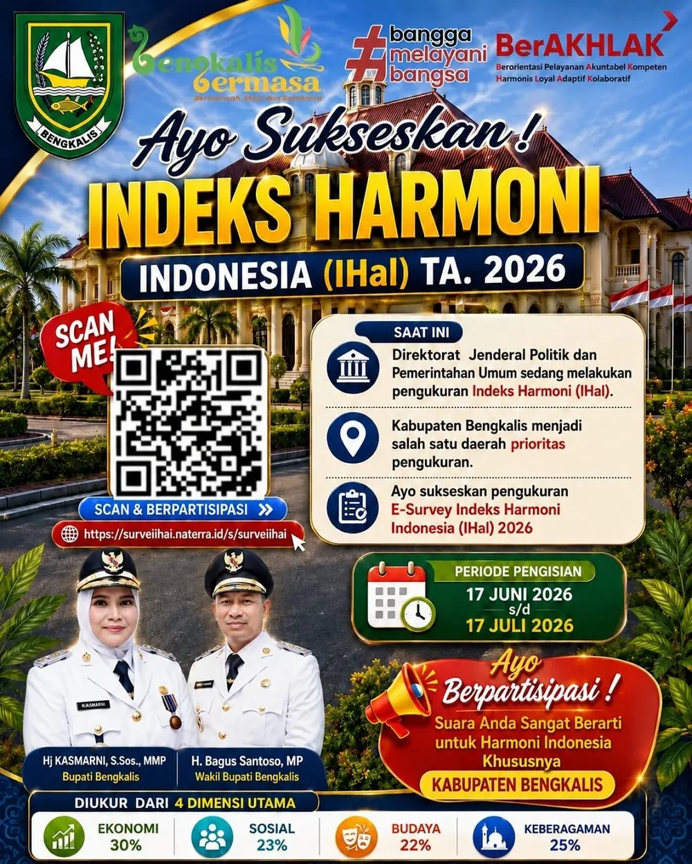 Tertinggi di Riau, Bupati Kasmarni Ajak Warga Bengkalis Terus Isi Survei Indeks Harmoni Indonesia 2026