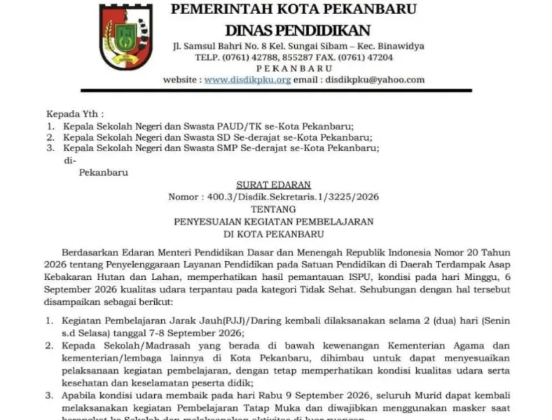 Udara Kembali Memburuk, Besok Senin Disdik Pekanbaru Terapkan Belajar Online 2 Hari Kedepan
