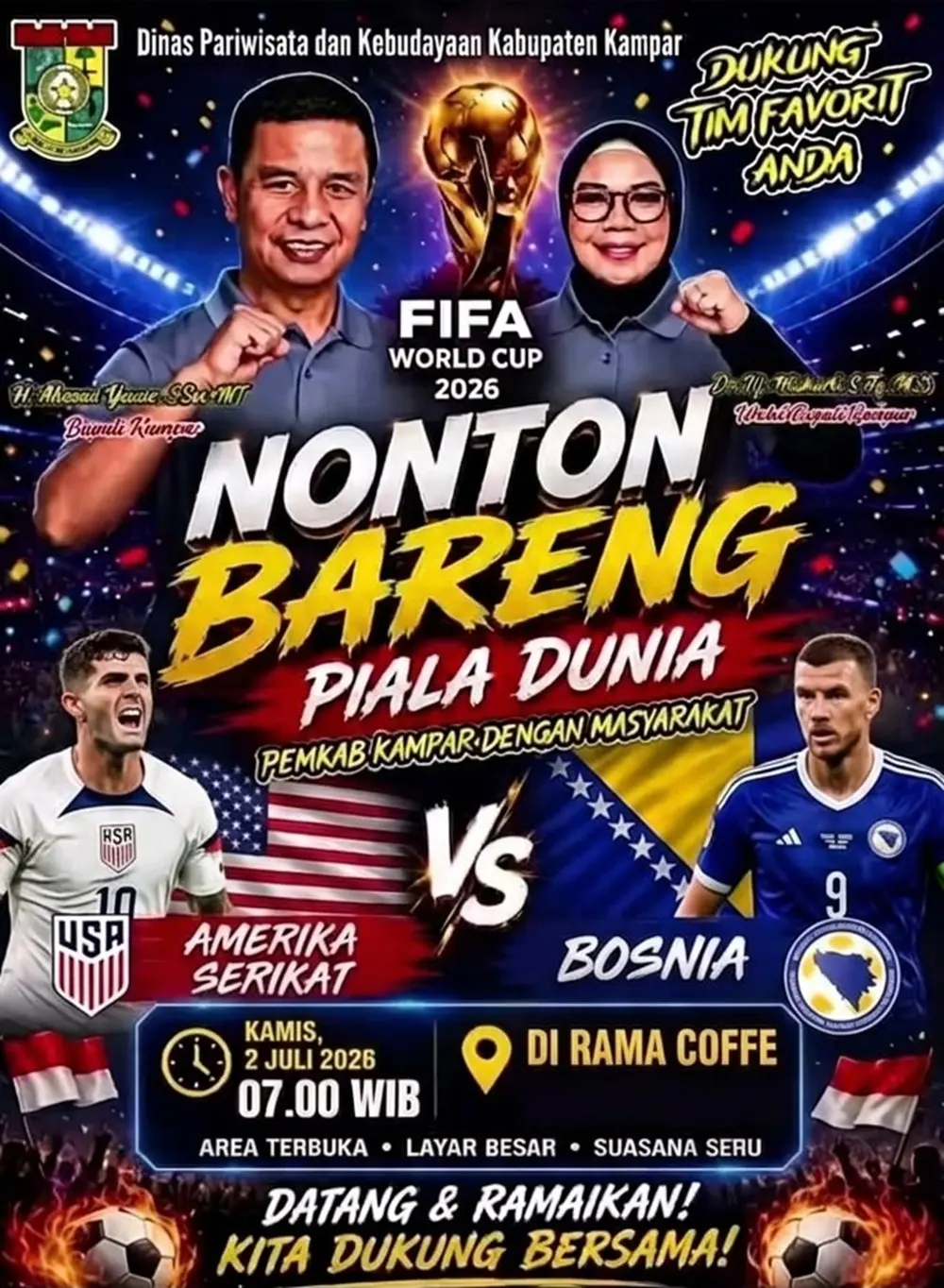 Disparbud Kampar Gelar Nobar Piala Dunia 2026 AS vs Bosnia Besok Pagi, Catat Lokasinya!