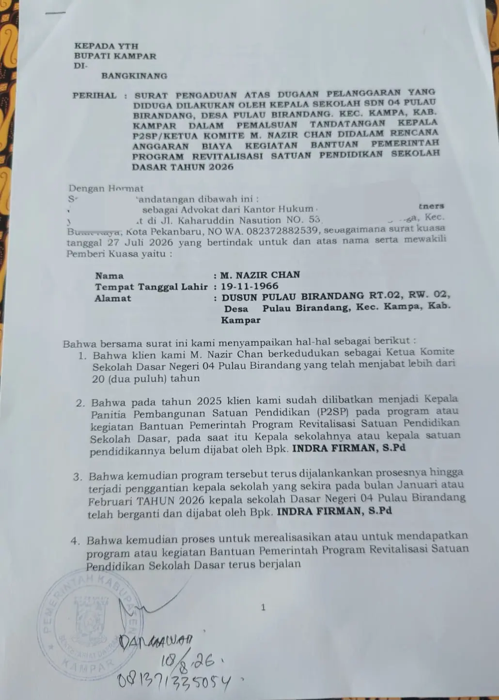 Dugaan Tanda Tangan Dibubuhkan Tanpa Sepengetahuan, Disdikpora Kampar Akui Sudah Mediasi