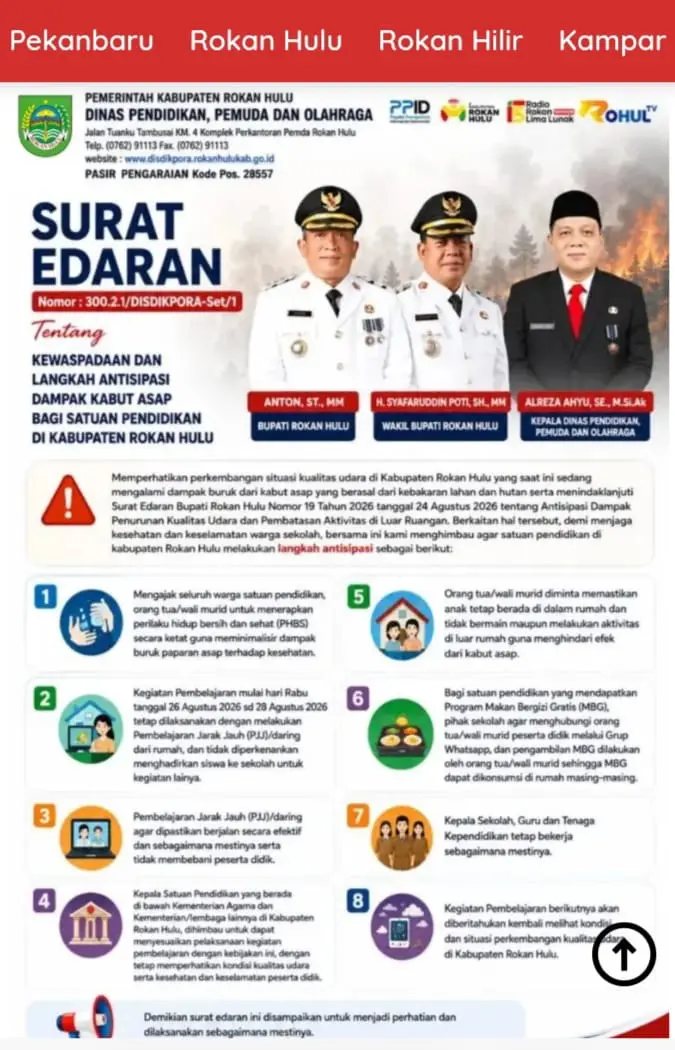 Langit Rohul Dikepung Asap, Disdikpora  Instruksikan Sekolah Daring 26–28 Agustus