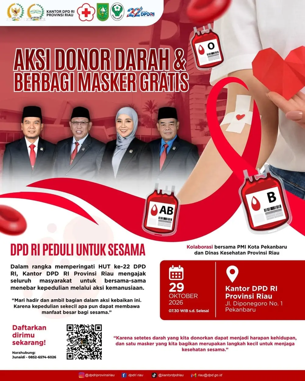 Meriahkan HUT ke-22 DPD RI, Kantor DPD RI Provinsi Riau Gelar Aksi Donor Darah