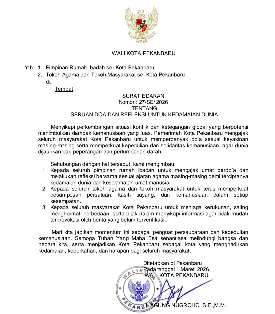 Perang Berkecamuk, Pemko Pekanbaru Minta Warga Berdoa Jauhkan dari Pertumpahan Darah