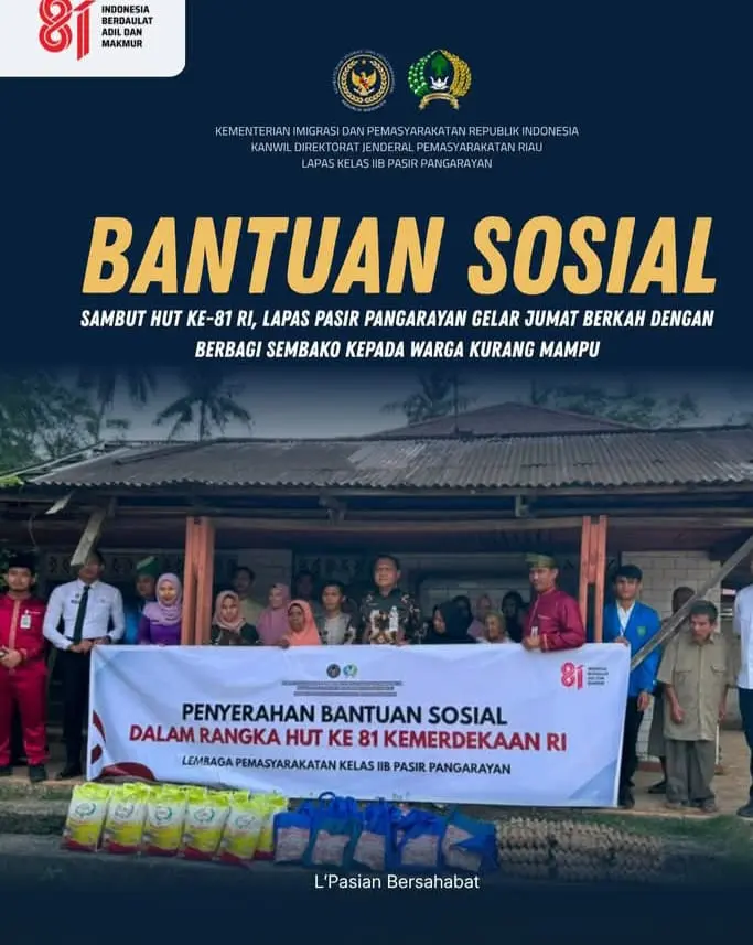 Sambut HUT ke-81 RI, Lapas Pasir Pangaraian Gelar Jumat Berkah dengan Berbagi Sembako kepada Warga Kurang Mampu