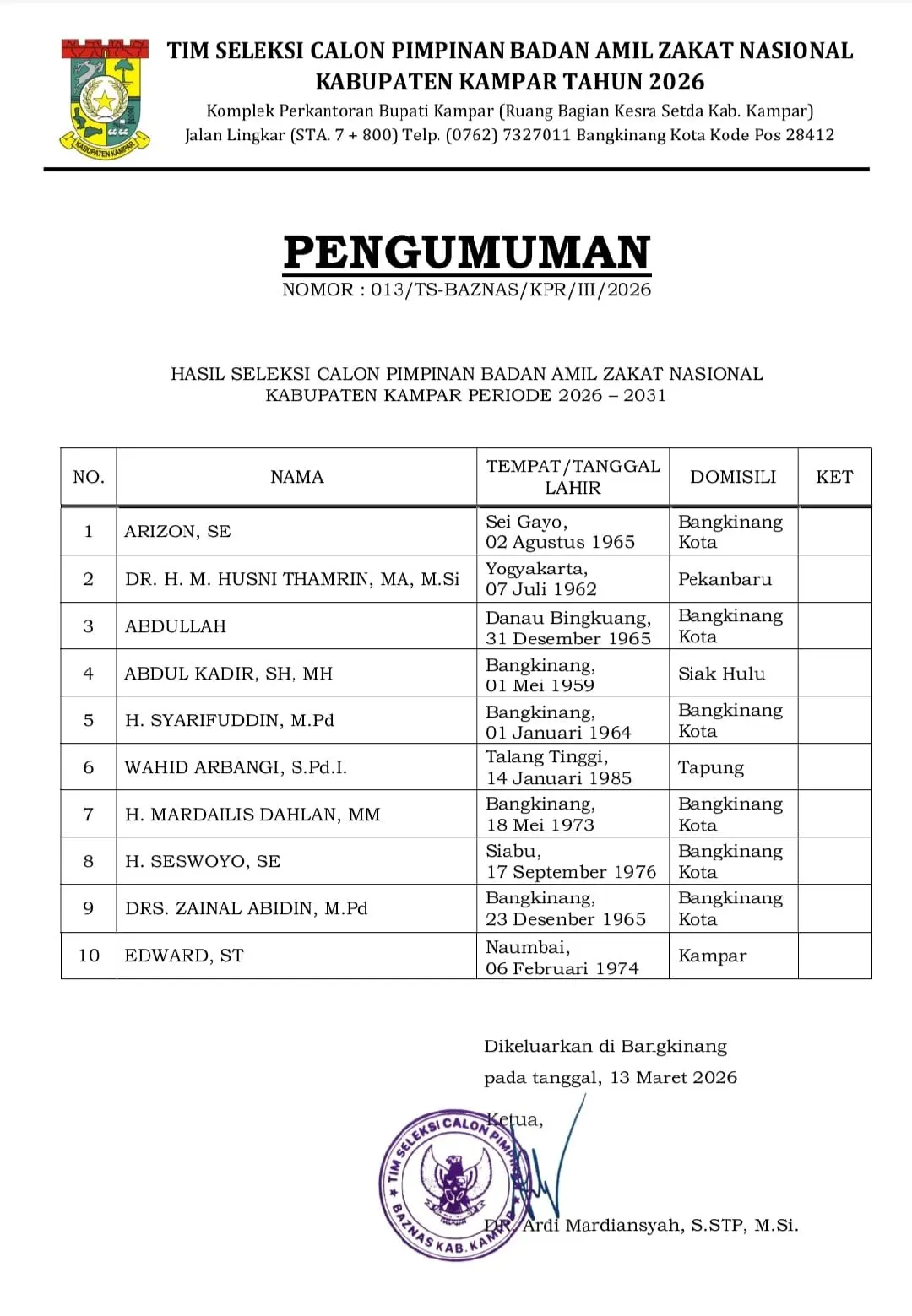 Seleksi Pimpinan Baznas Kampar Disorot, Kakak Wabup dan Tim Sukses Lolos 10 Besar