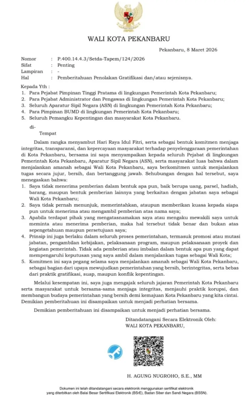 Tegas! Wali Kota Pekanbaru Larang Pejabat dan Pimpinan BUMD Terima Parcel Lebaran Dalam Bentuk Apapun
