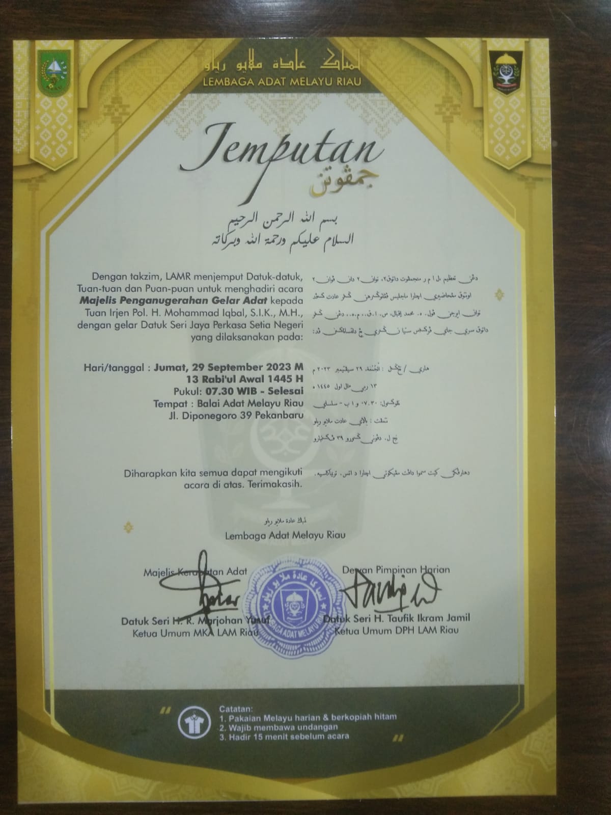 LAM Riau Beri Gelar Adat ke Kapolda Riau Irjen Pol Mohammad Iqbal