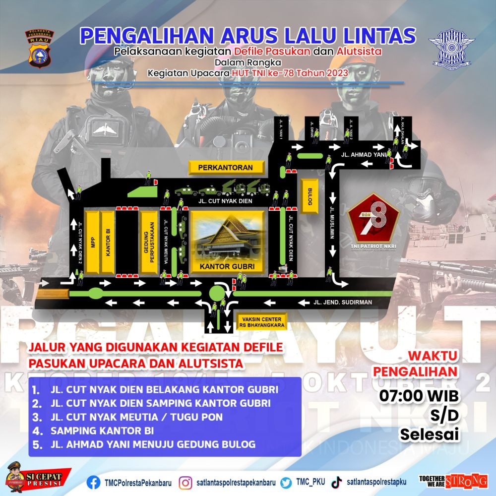 Upacara HUT TNI ke 78 Besok, Arus Lalu Lintas di Jalan Protokol Pekanbaru Dialihkan