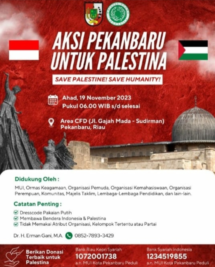 Pemko Pekanbaru dan MUI akan Gelar Aksi Bela Palestina Pada 19 November 2023