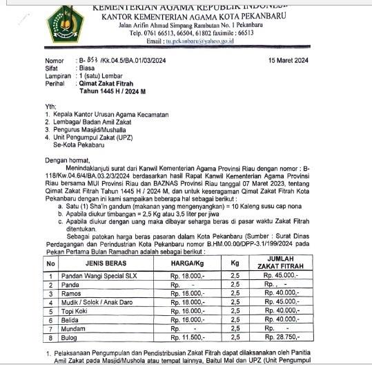 Kantor Kemenag Kota Pekanbaru Keluarkan Surat Ketetapan Zakat Fitrah Ramadhan 1445 Hijriah