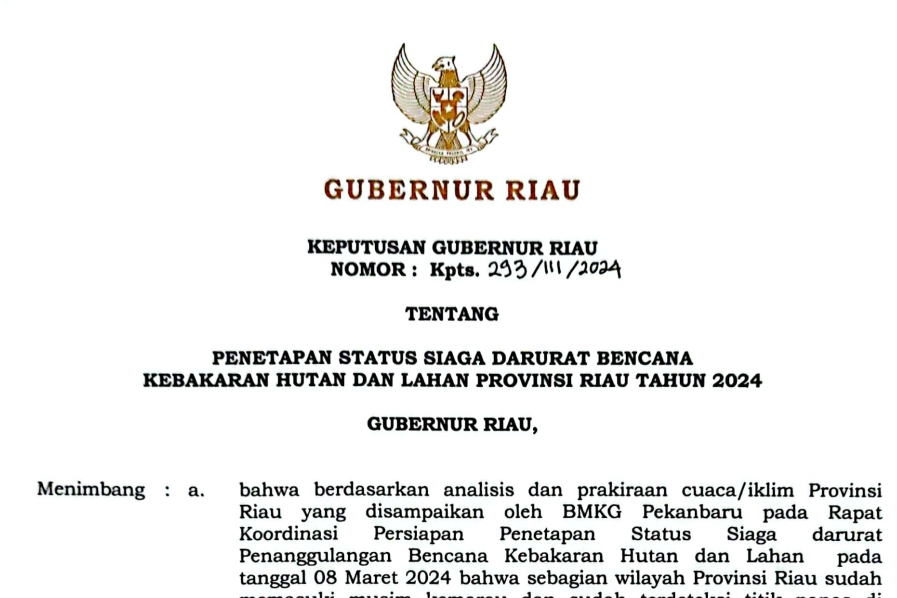 Masuki Musim Kemarau, Pemprov Riau Tetapkan Status Siaga Darurat Karhutla 2024