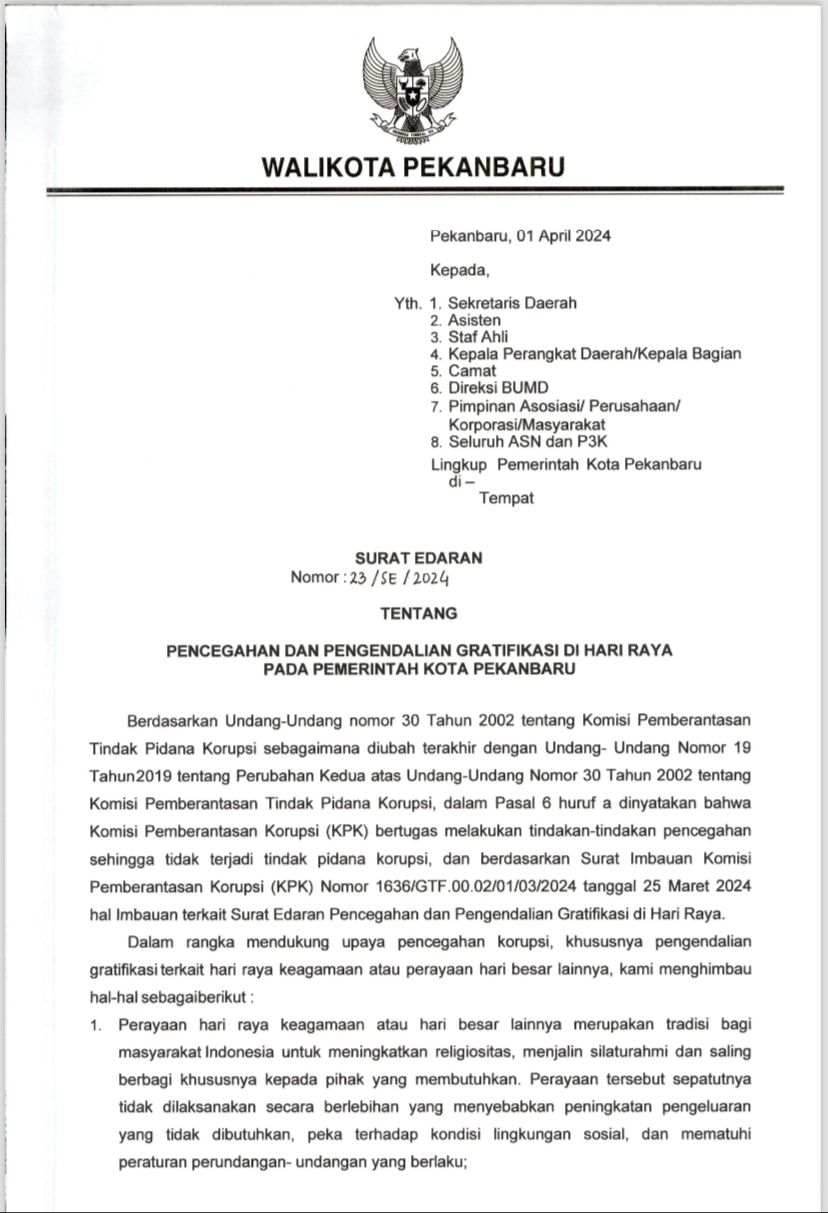 Pj Wali Kota Pekanbaru Larang PNS Terima Hadiah Lebaran, Ada Gratifikasi Lapor ke 0811-145-575
