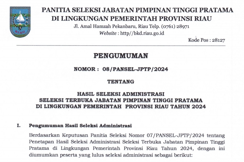 30 Pejabat Lulus Seleksi Administrasi Asesmen Eselon II Pemprov Riau, Ini Daftar Namanya