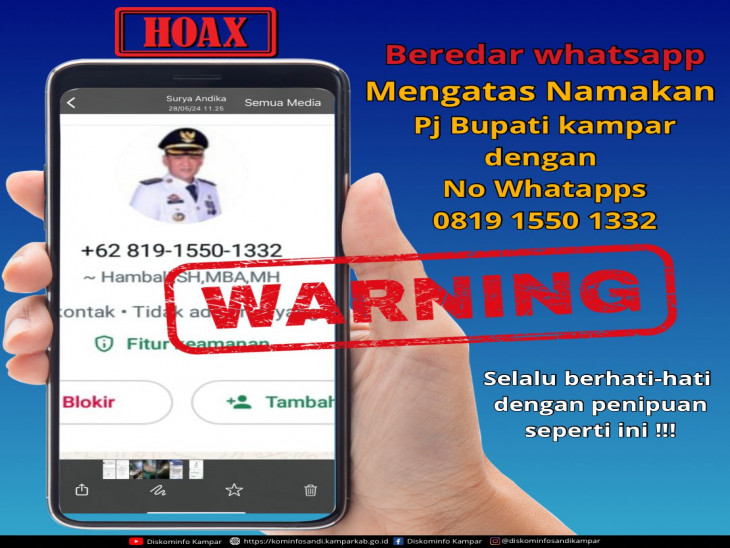 Jangan Tertipu! WhatsApp Palsu Pj Bupati Kampar Kembali Beredar