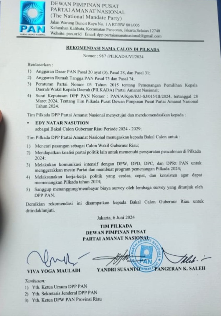 Edy Natar Terima Rekomendasi DPP PAN Sebagai Balon Gubri