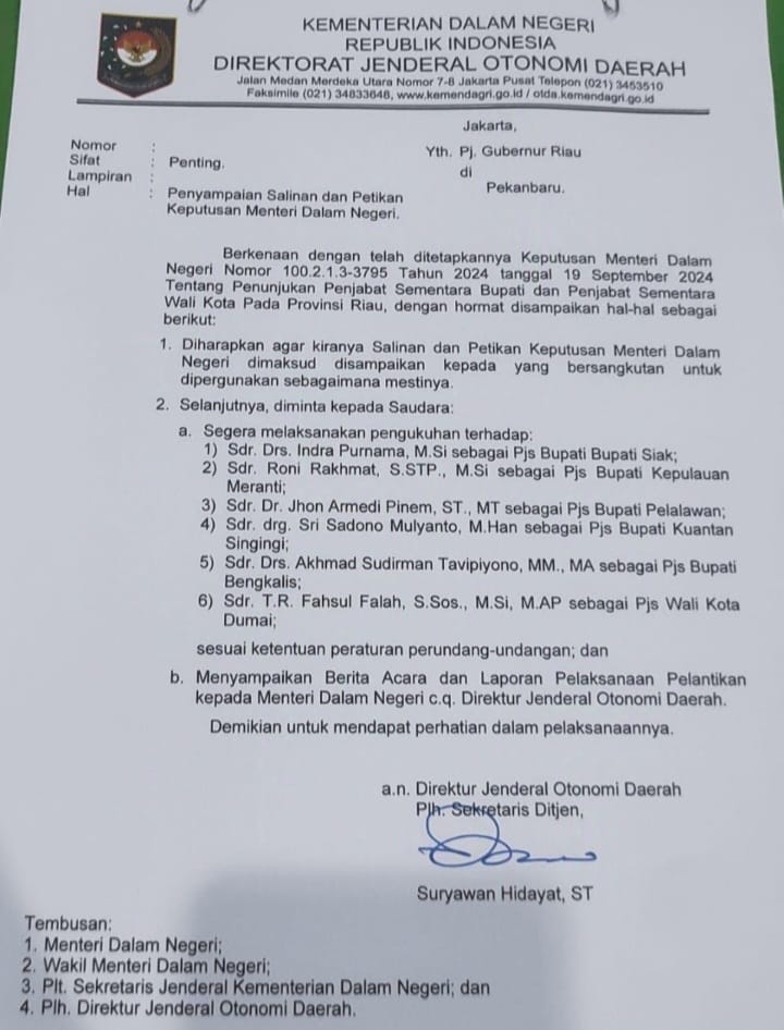 Besok Dilantik! 6 Bupati/Walikota di Riau Diganti dengan Pjs, 3 Orang Pejabat Pusat