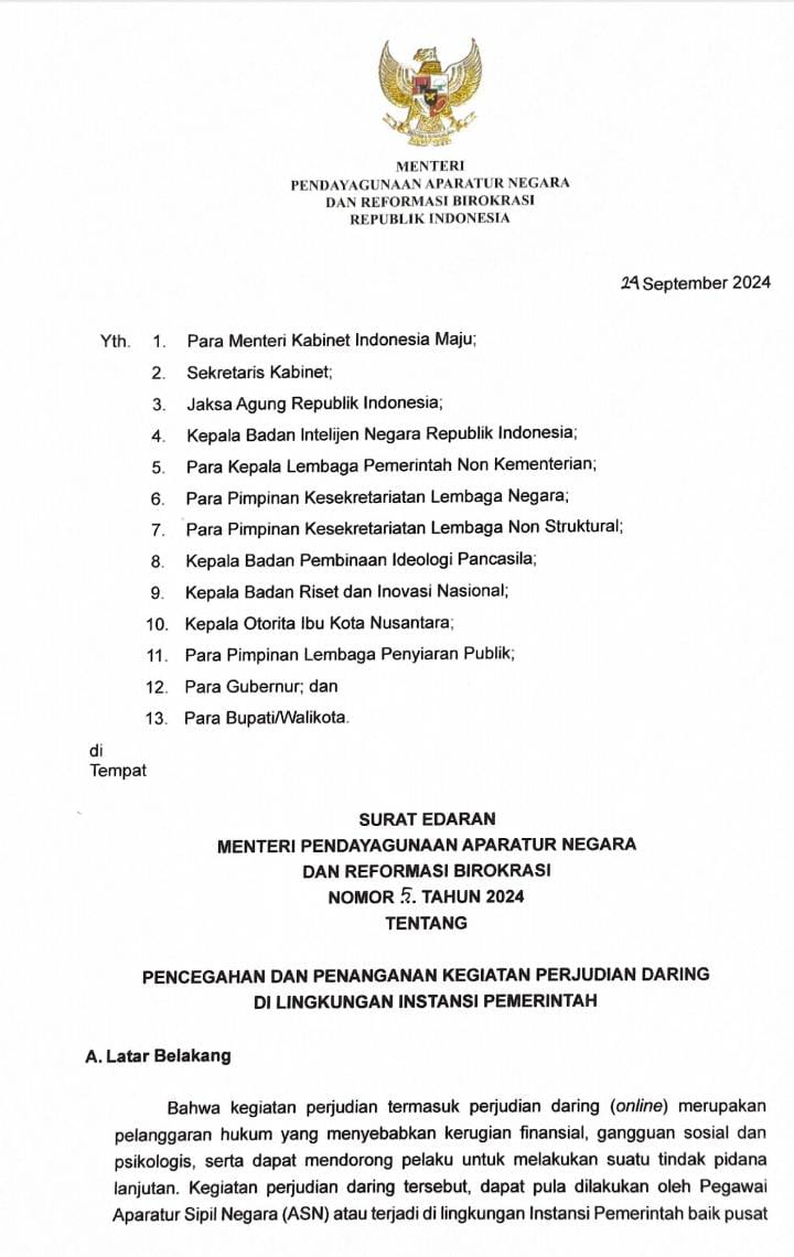 Ancaman Dipecat, Menpan RB Keluarkan Surat Edaran Tindak Tegas Bagi PNS Bermain Judi Online