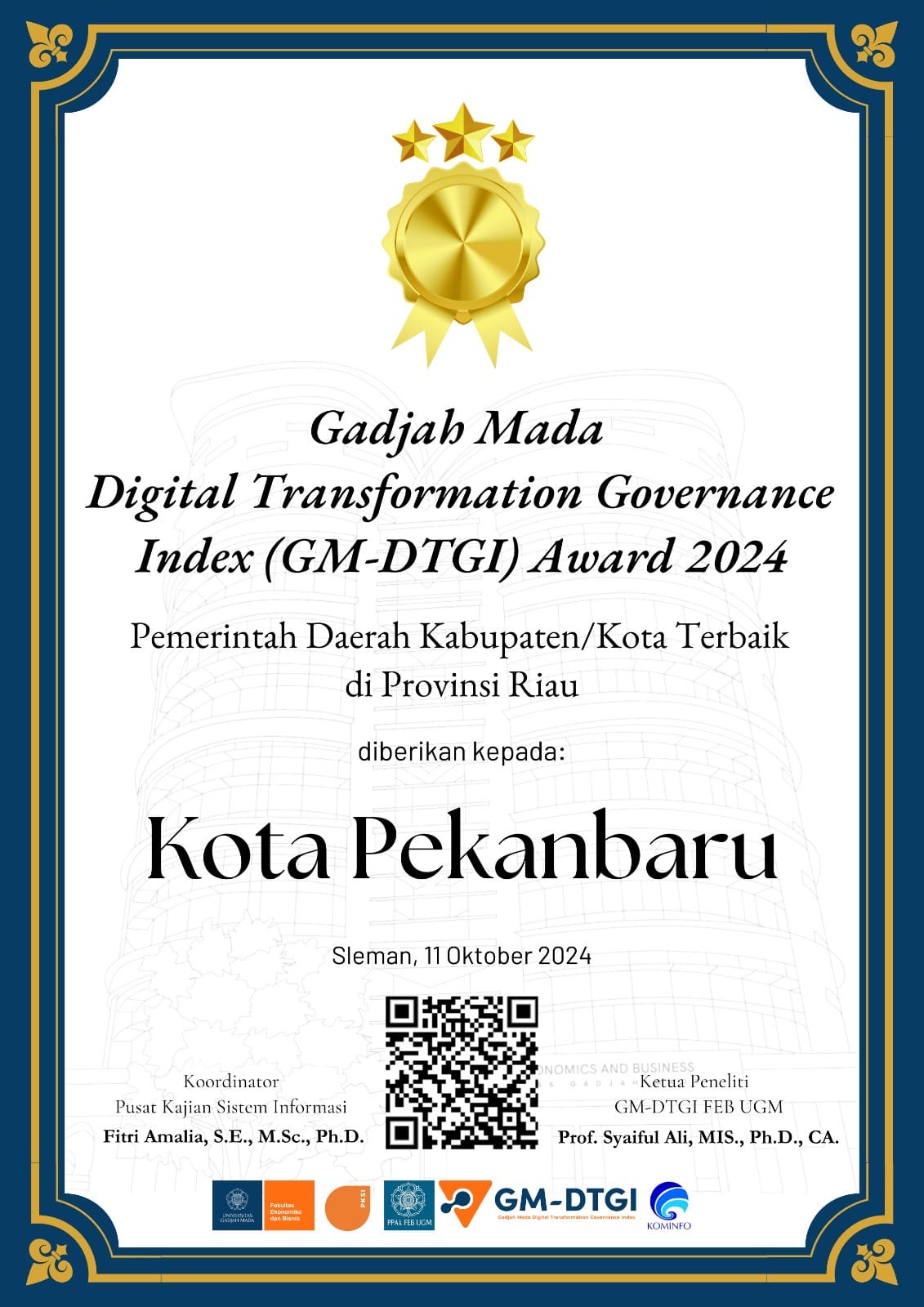 Pemko Pekanbaru Terima Penghargaan GM-DTGI Award 2024 dari Fakultas Ekonomi UGM