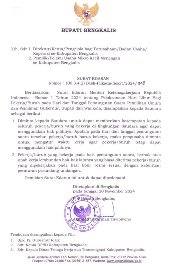 Pilkada Serentak, Pekerja di Bengkalis Diliburkan di Hari Pencoblosan