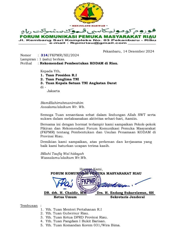 FKPMR Ajukan 4 Usulan Nama Kodam XIX Riau-Kepri ke Presiden RI dan Panglima TNI